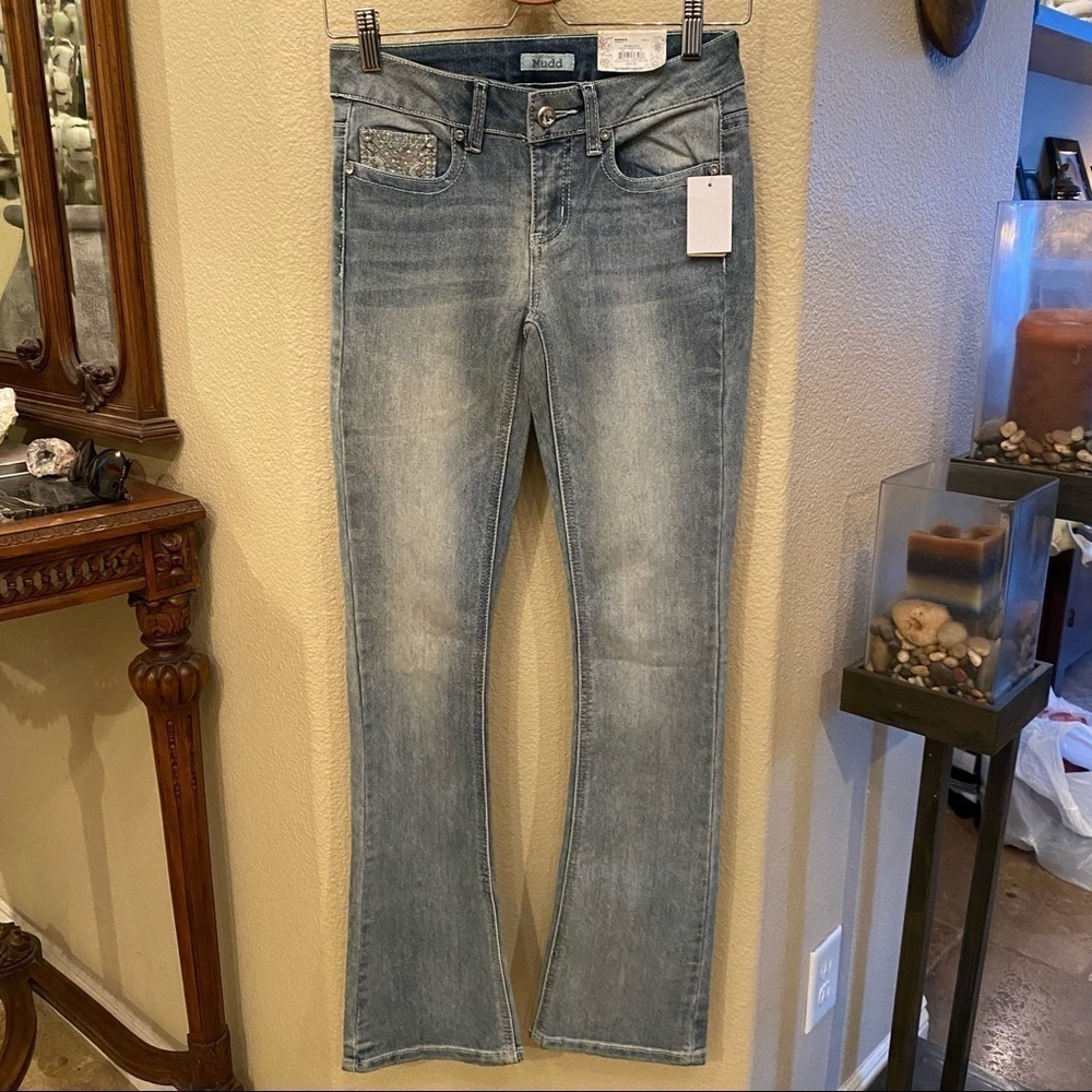 NWT~MUDD Light Blue Embellished Bling Skinny Boot Low Rise Jeans Size 3 - Picture 5 of 10